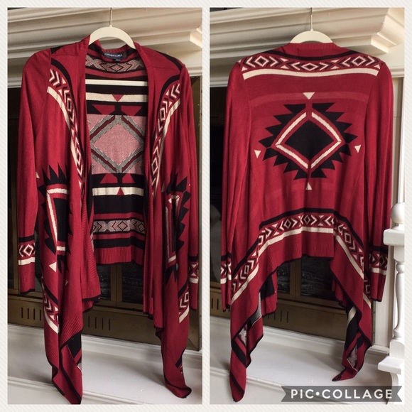 Colleen Lopez Sweaters - Red black tribal Aztec sweater cardigan Hi low S